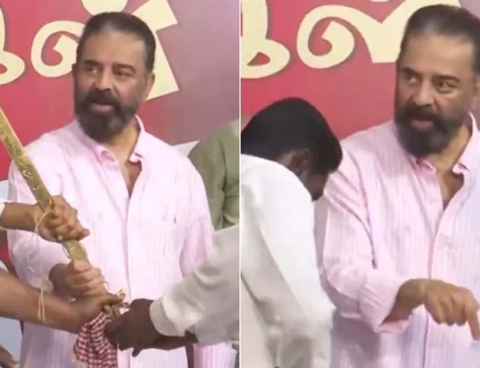 பொது இடத்தில் வாளுடன் ரசிகர்; ரசிகர்கள் மீது நடிகர் கமல்ஹாசன் கோபம்