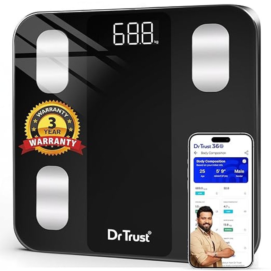Dr Trust USA 526 Legend BMI Weight Scale & Body Fat Analyzer with IOS/Android App Sync,14 Essential Composition Metrics Weighing Machine for Home Health Monitoring (Black)