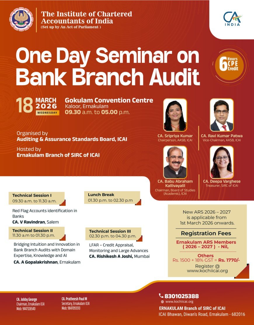 ICAI Ernakulam to Host One-Day Seminar on Bank Branch Audit on March 18